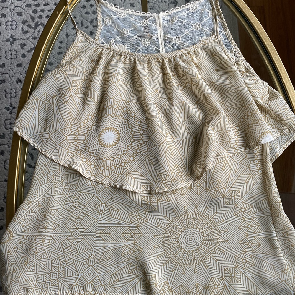 Geometric Summer Tank Top with Lace Detail and Ruffle front